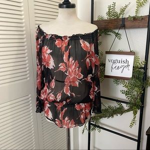 I.N.C|16|Black Floral Pattern Long sleeve Off Shoulder Sheer Blouse